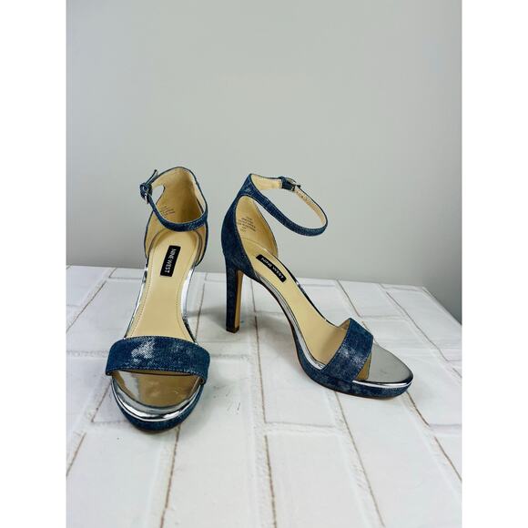 Nine West denim shimmery ankle strap heeled sandals size 7.5M - Picture 1 of 13